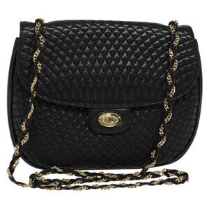 Authentic BALLY Quilted Chain Shoulder Bag Leather Black Gold